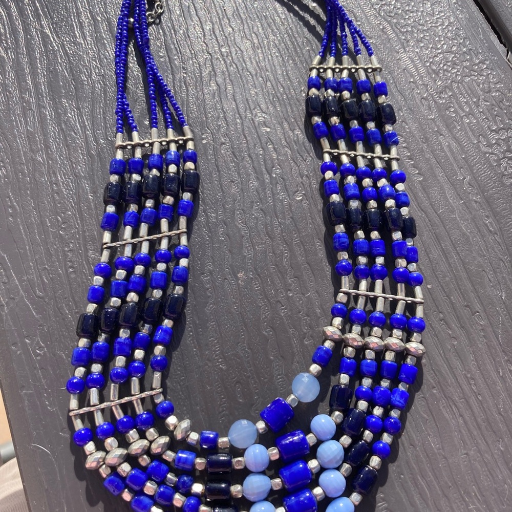Tribal Style Necklace Blue Black Silver beads 22” - Picture 7 of 10